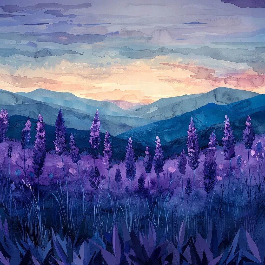 Vászonkép Canvas Levendula Hegyek Naplemente Lila Akvarell 40x40