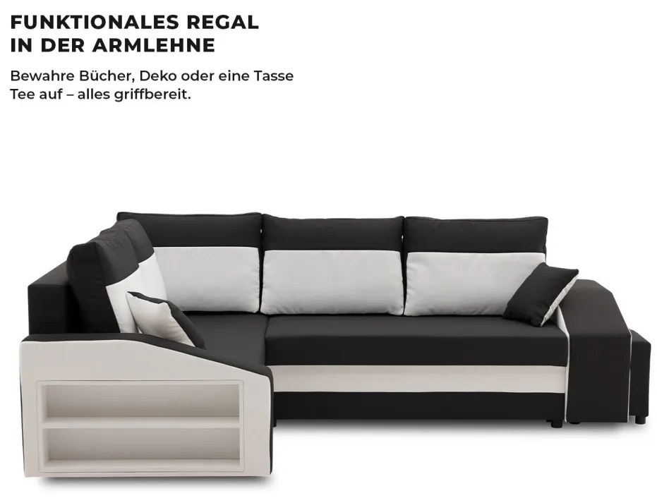 Grande sarokkanapé polcokkal és puffokkal , polc a bal karfaban puffok a jobb karfaban, baloldali, szövet anyag, bonell töltet, fekete - fehér