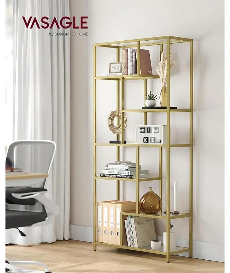 VASAGLE Könyvespolc, 6 szintes magas könyvszekrény 30 × 80 × 180 cm, fémes arany színben