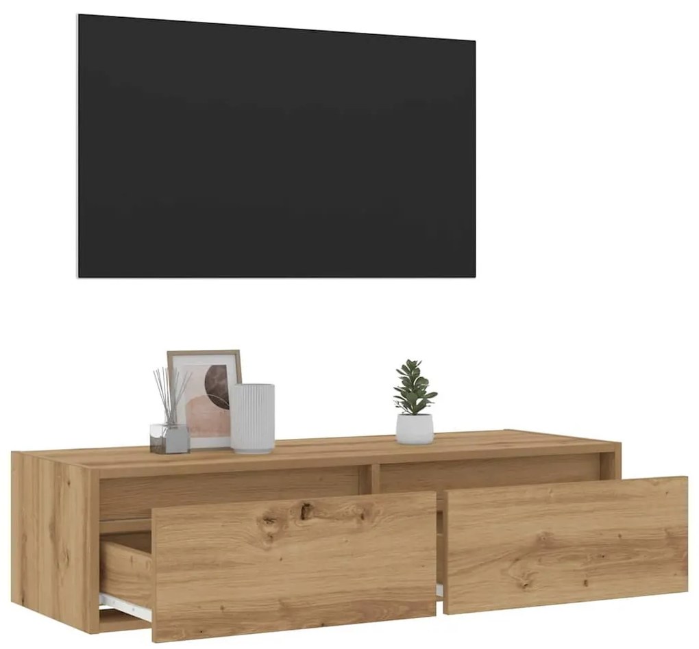 kézműves tölgy színű TV-szekrény LED-lámpákkal 100X35,5x25 cm