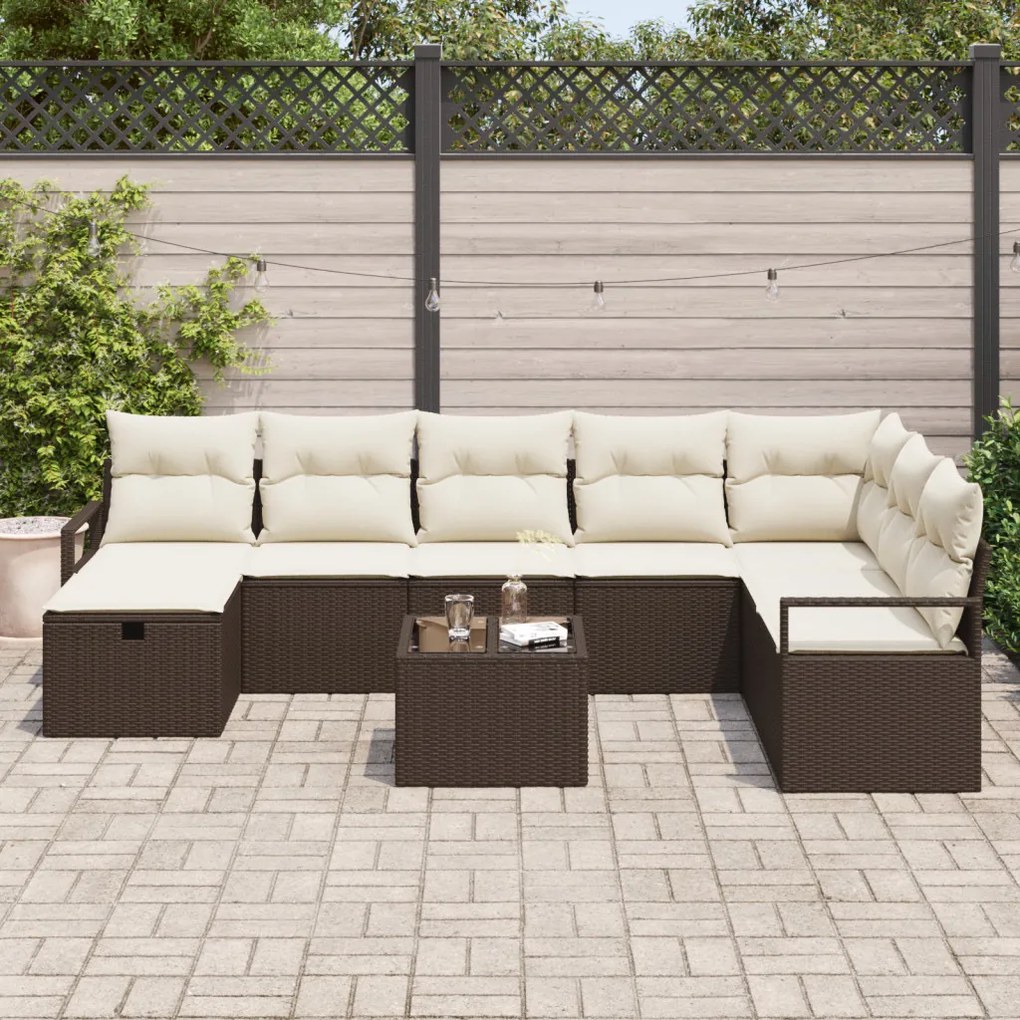 9 Részes Kerti Sofa Készlet Párnákkal Barna Polirattan, 2-Fős Kerti Sofa Párnákkal Barna Polirattan