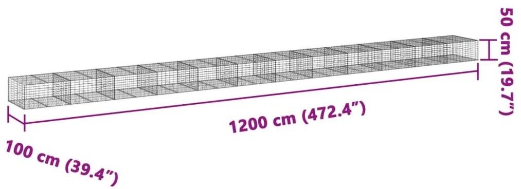 horganyzott vas gabion kosár fedéllel 1200 x 100 x 50 cm
