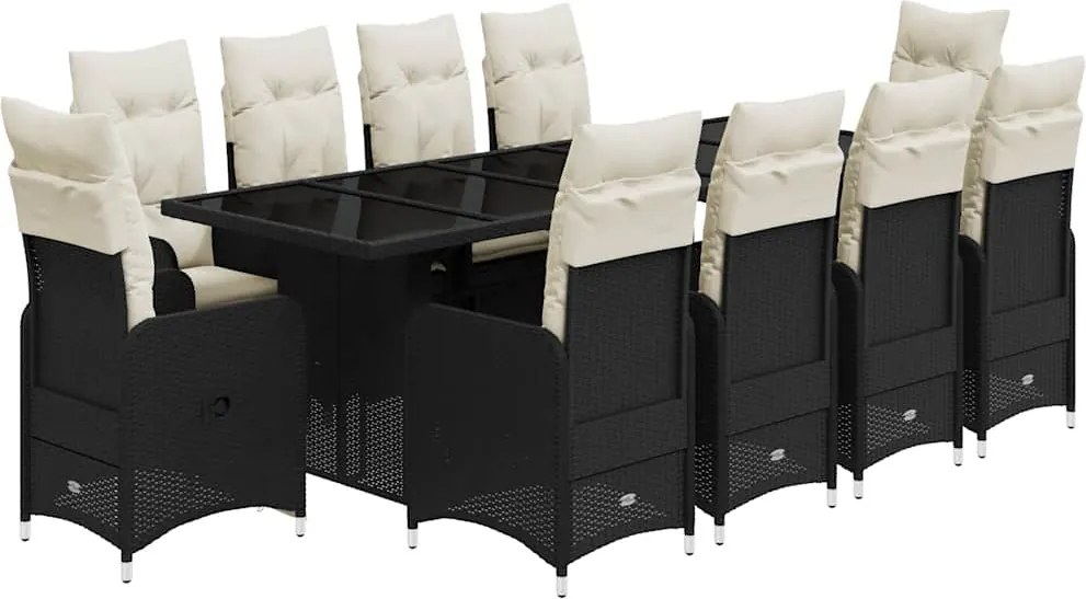 vidaXL 11 részes fekete polyrattan kerti bisztrógarnitúra párnákkal