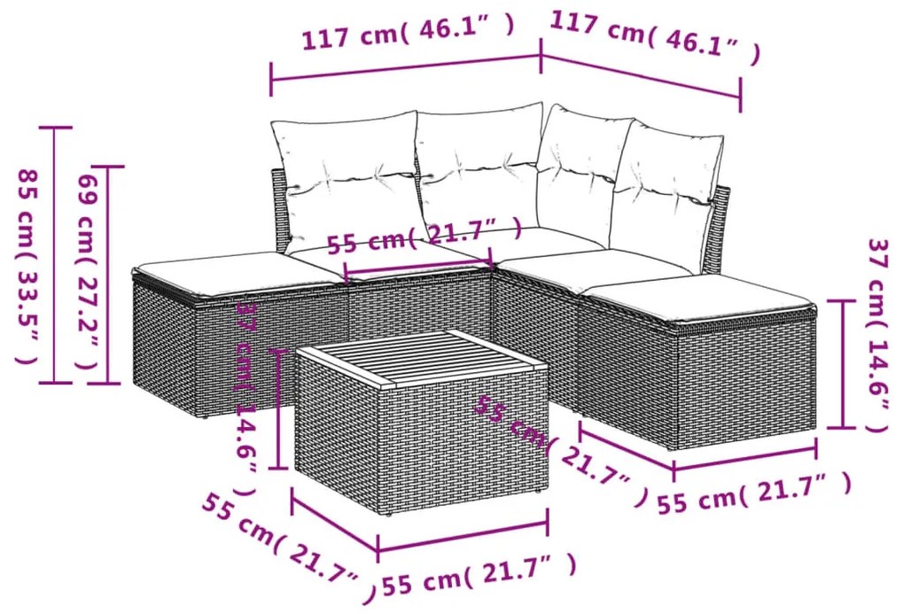 6 részes fekete polyrattan kerti ülőgarnitúra párnákkal