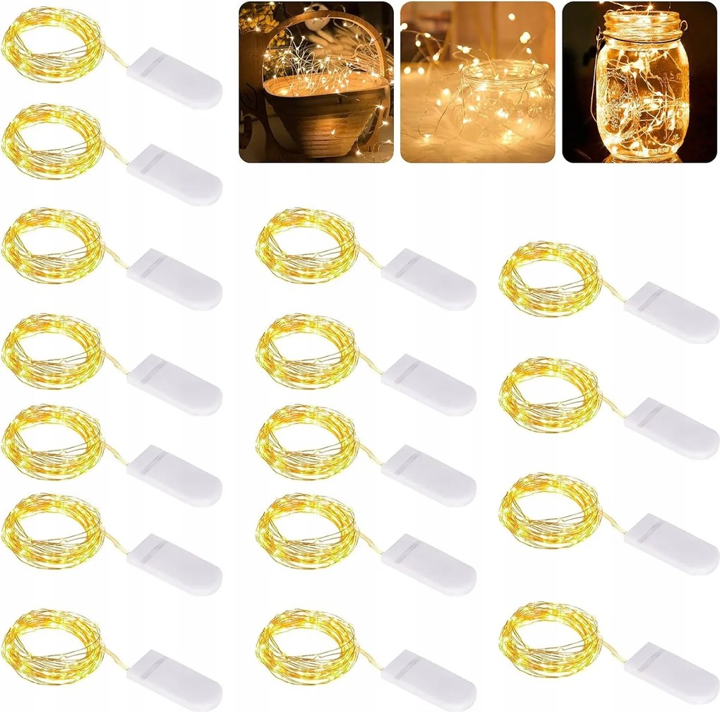 16XLÁMPA Drót 20 Led Mikro Girland Meleg Fehér Lapos Pasztillák 2M