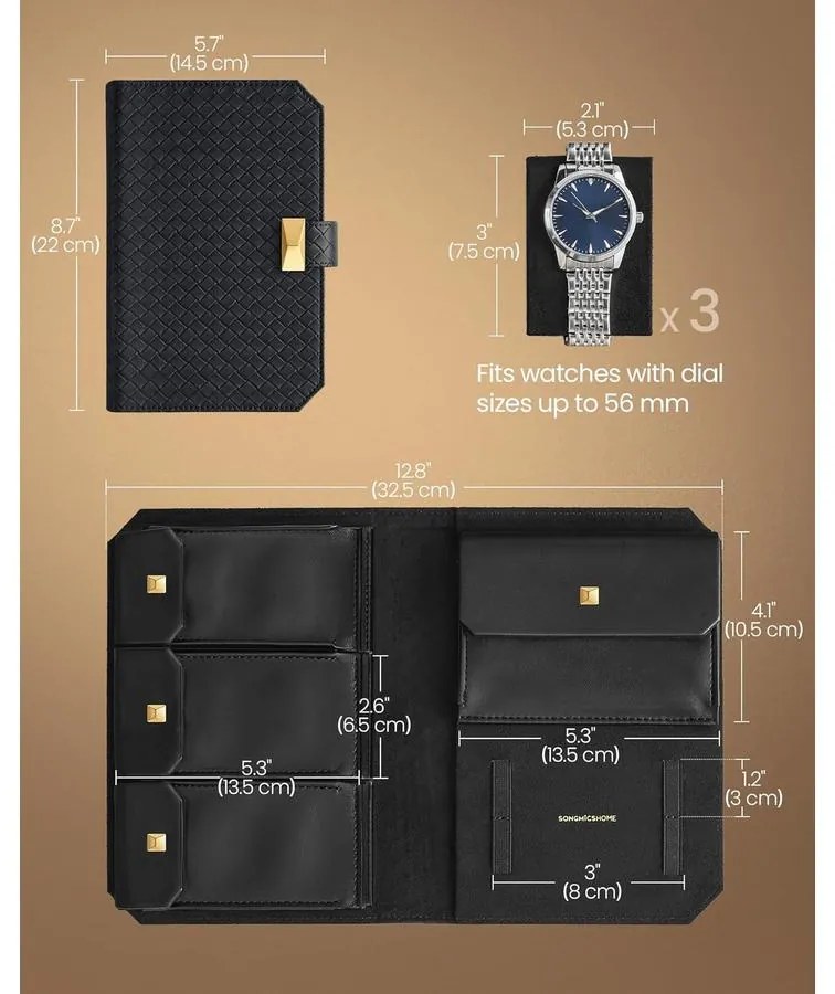 SONGMICS HOME 3 órás tok, utazó óratartó doboz 22×14,5×4,5 cm, tintafekete színben