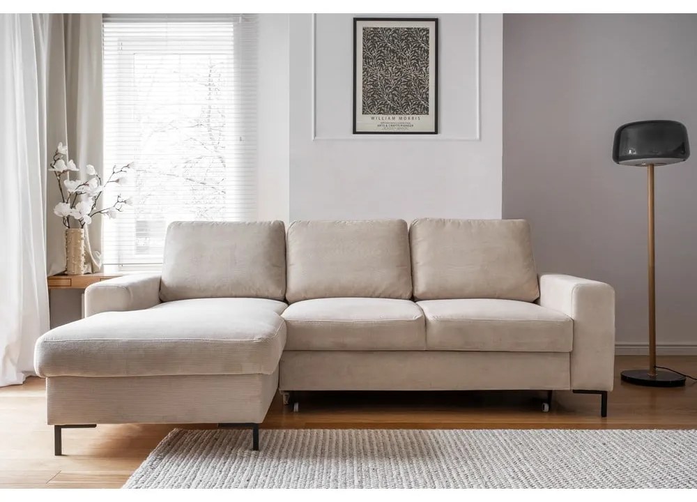 Bézs kordbársony kinyitható sarokkanapé (bal oldali) Lofty Lilly – Miuform