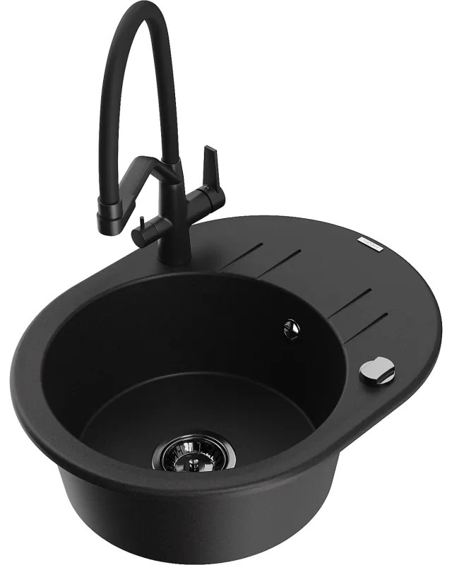 Mexen Kevin egymedencés gránit mosogatótálca konyhai csappal Duo, fekete - 6517-77-671701-70-B