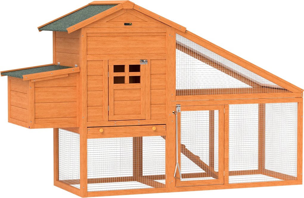 PawHut Kerti Tyúkól 1-2 Tyúk Számára Keltető Területtel, Házikóval és Nyitott Térrel, Fenyőfából és Fémből, 179x67x115 cm, Narancs | Aosom