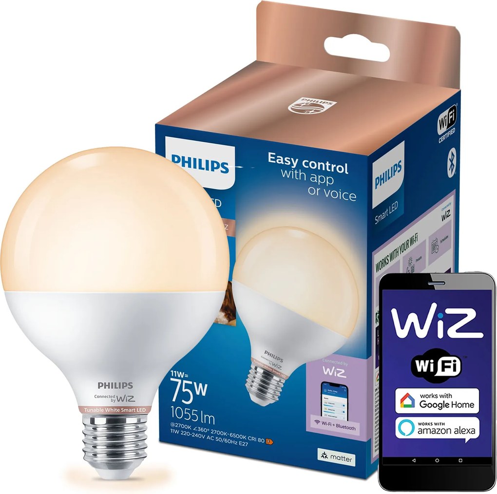 Led izzó E27 G95 11W 75W 1055lm 2700-6500K Smart WiFi Philips WiZ