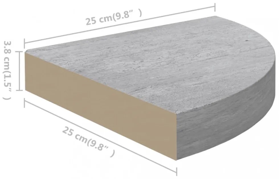 2 db betonszürke MDF fali sarokpolc 25 x 25 x 3,8 cm