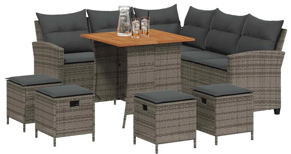 6 részes szürke polyrattan kerti ülőgarnitúra párnákkal L-alakú