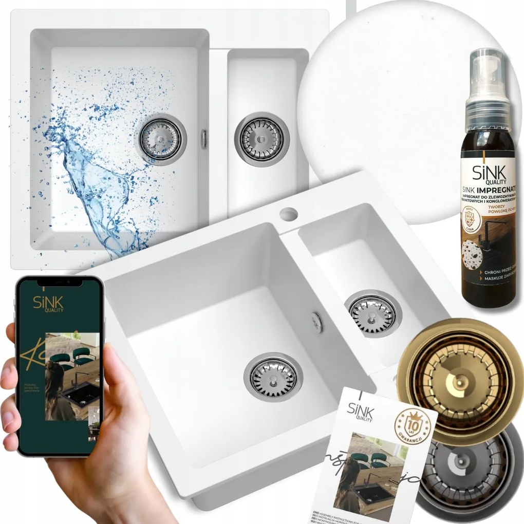 Konyhai mosogató másfélkamrás Gránit fehér 60cm Szifon Automata