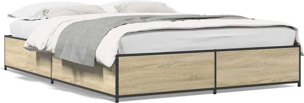 vidaXL sonoma tölgyszínű szerelt fa és fém ágykeret 150 x 200 cm