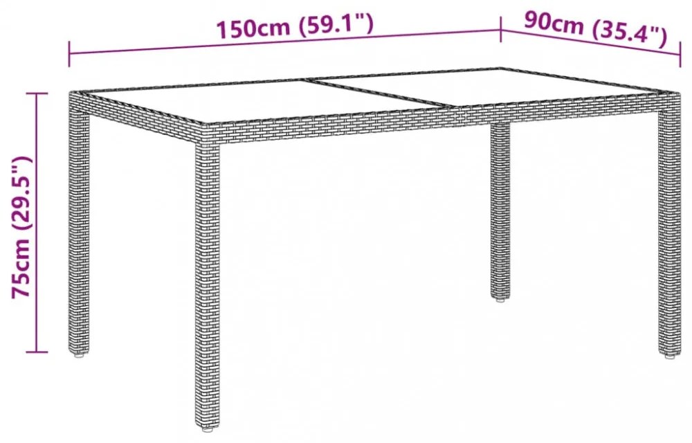 bézs polyrattan és edzett üveg kerti asztal 150 x 90 x 75 cm