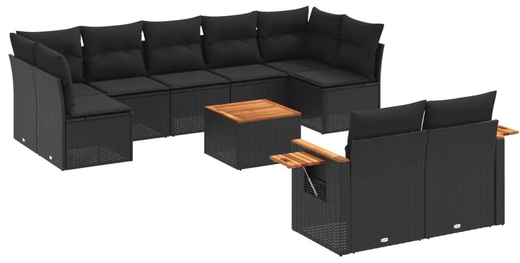 10 részes fekete polyrattan kerti ülőgarnitúra párnákkal