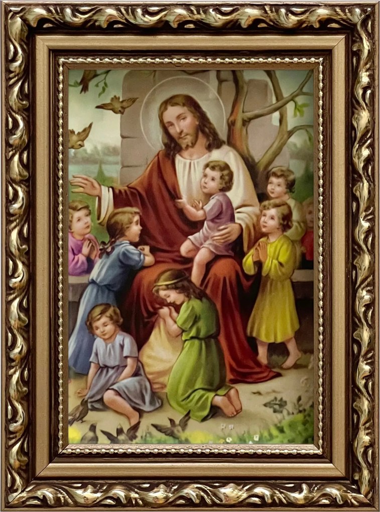 Vászonkép 19x14 Jézus Krisztus A Gyerekekkel Arany Díszített Fa Keret