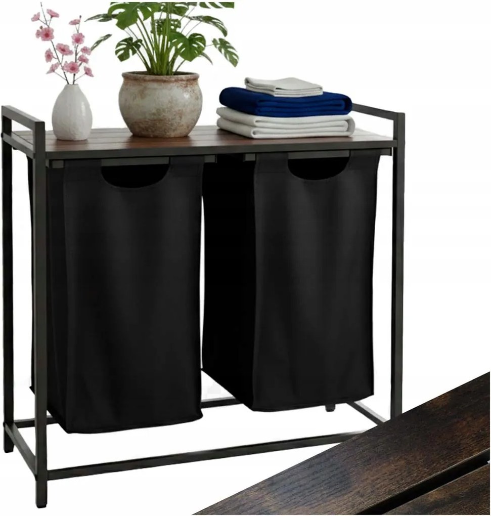 Szennyestartó kosár 2 rekeszes fa polcos asztallappal Loft tároló 92L