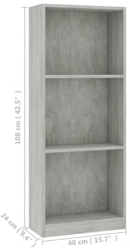 3 szintes betonszürke szerelt fa könyvszekrény 40x24x109 cm