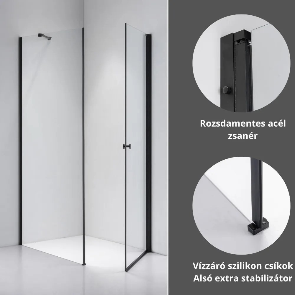 Stuxi Bari Black 80x100 aszimmetrikus nyílóajtós zuhanykabin 6 mm vízlepergető biztonsági üveggel, matt fekete