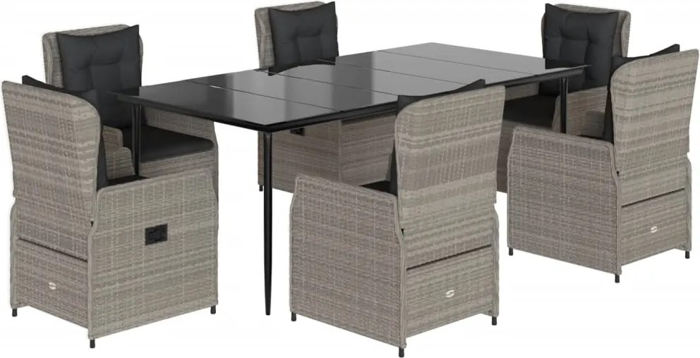 vidaXL 7 részes világosszürke polyrattan kerti étkezőszett párnával