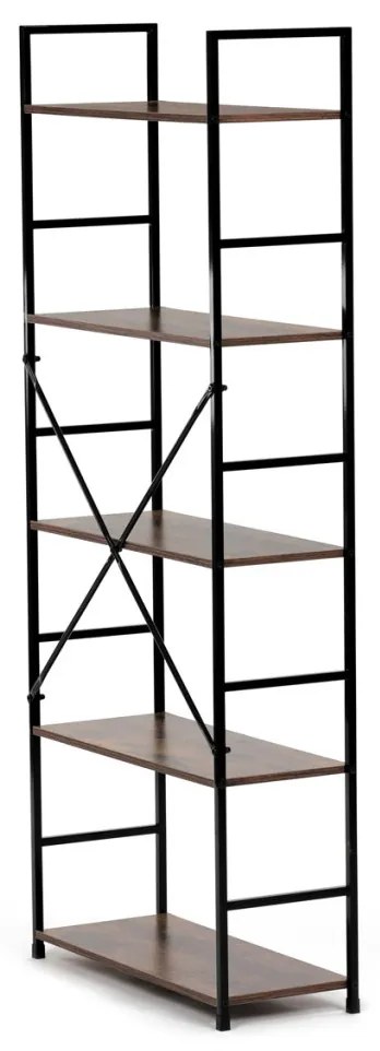 Bibliotecă, 5 rafturi, decor vintage din lemn, MDF, lac negru
