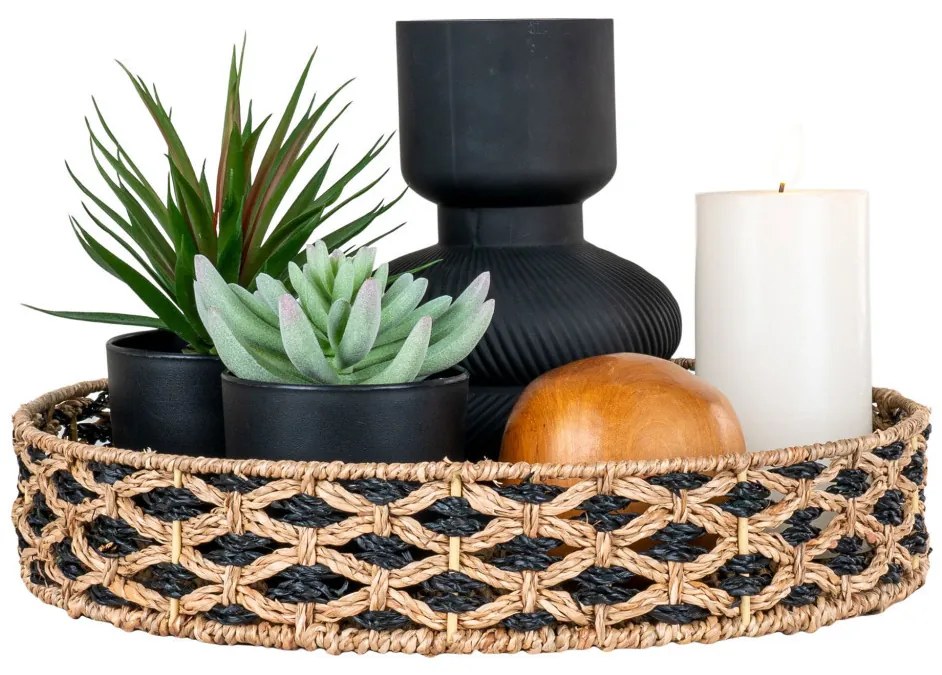 Nerja fonott tálca, tengerifű, fekete-natúr, 38 cm