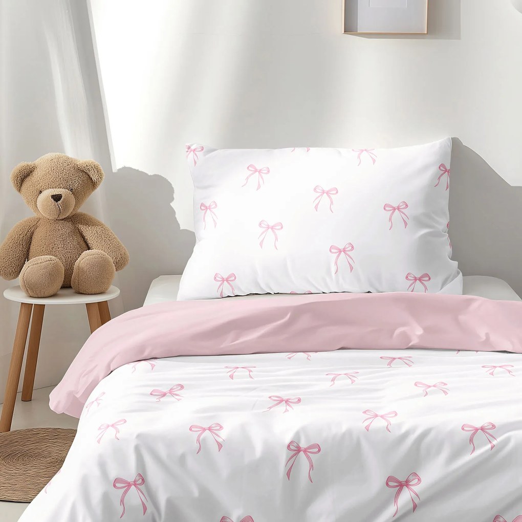 Goldea gyermek pamut ágyneműhuzat duo - rózsaszín masnik, púderrózsaszín hátoldal 150 x 200 és 50 x 60 cm