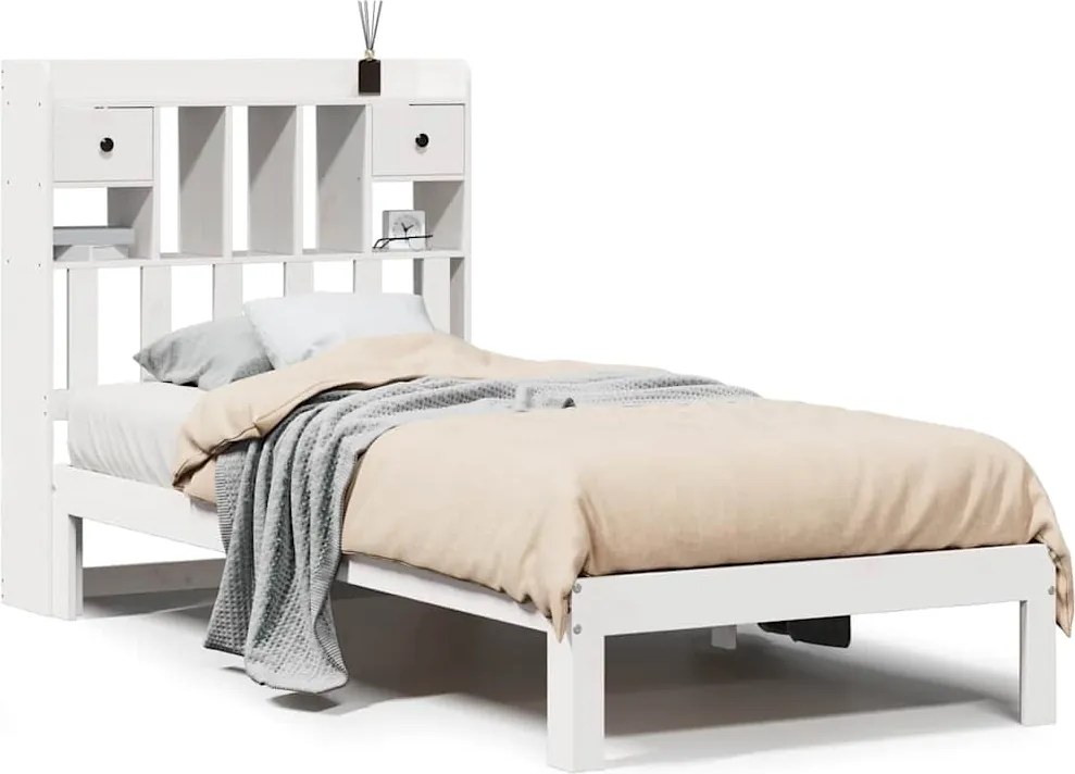 vidaXL fehér tömör fenyőfa könyvespolcos ágy matrac nélkül 75 x 190 cm