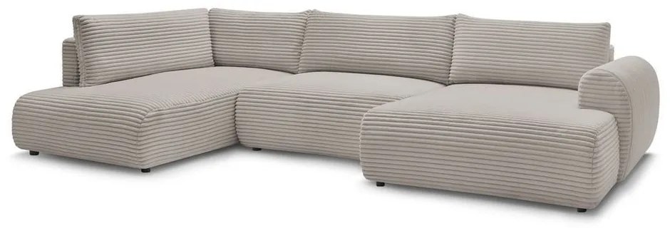 Világosszürke-bézs kordbársony kinyitható-tárolóhelyes sarokkanapé (bal oldali-U alakú) Lucien – Bobochic Paris