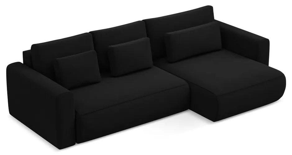 Fekete bársony kinyitható-tárolóhelyes sarokkanapé (jobb oldali-heverő résszel) Kapua – Makamii