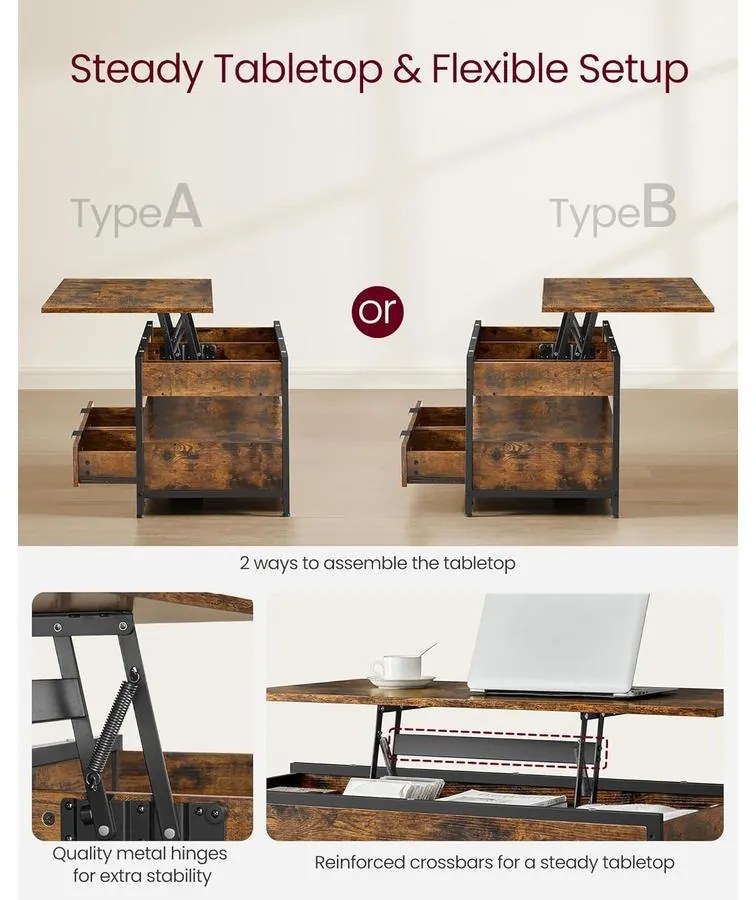 VASAGLE felnyitható fedelű dohányzóasztal rusztikus barna és tintafekete színben