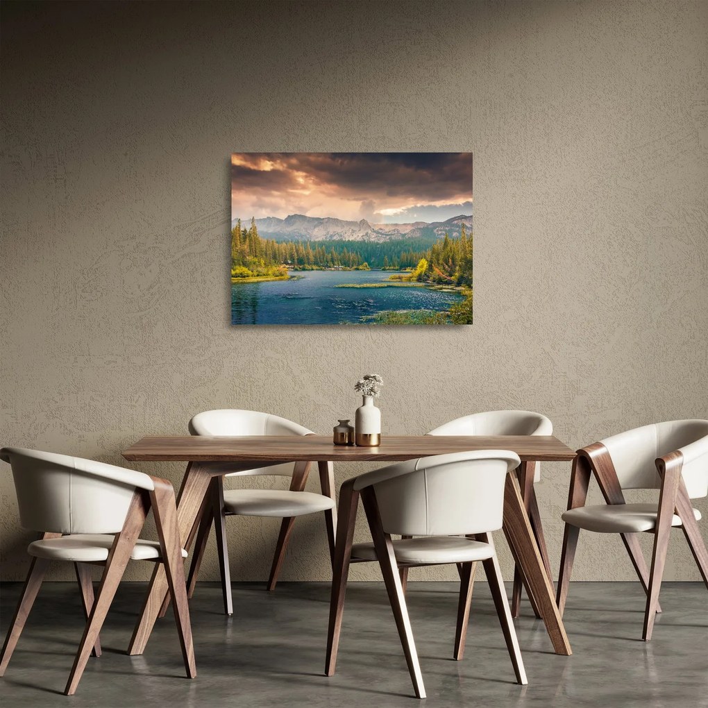 Egy kép a hegyi folyó és a hegyek (üvegen) (70x50 cm)