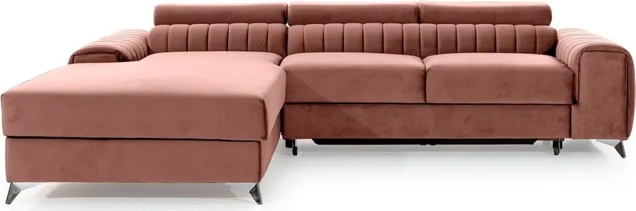 Rózsaszín bársony kinyitható-tárolóhelyes sarokkanapé (bal oldali-heverő résszel) Grayson – ELTAP