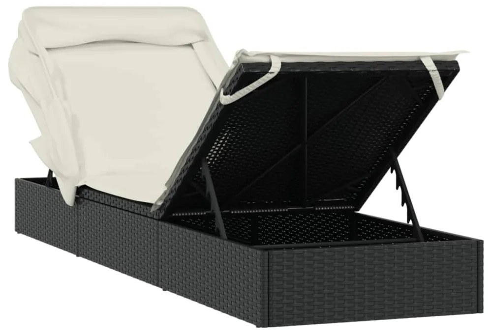 fekete polyrattan napozóágy összecsukható tetővel 213x63x97 cm