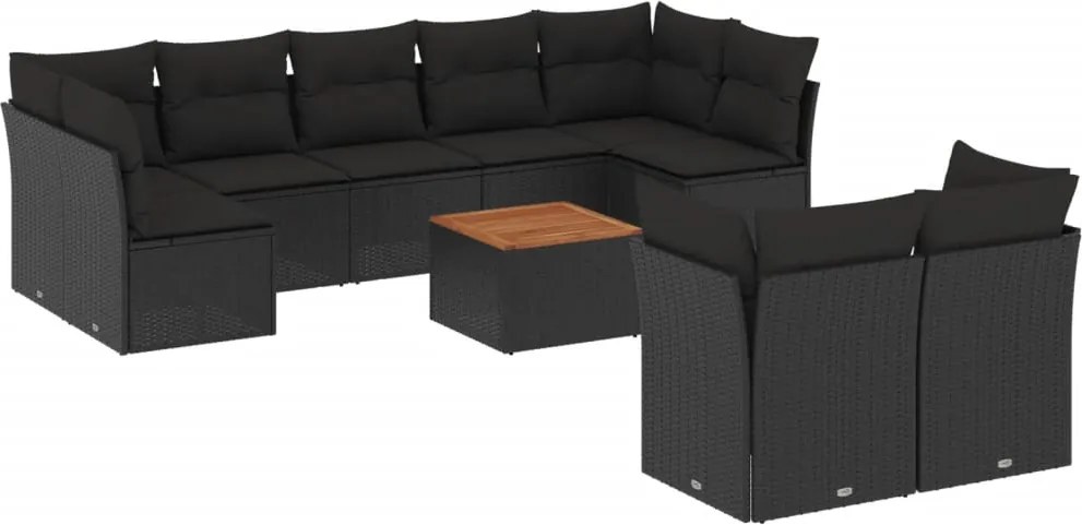 vidaXL 10 részes fekete polyrattan kerti ülőgarnitúra párnákkal