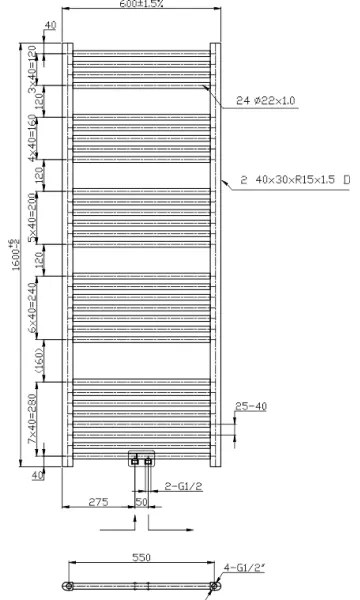 Novaservis - Fürdőszobai törölközőszárító radiátor 836W/230V 160x60 cm fekete egyenes