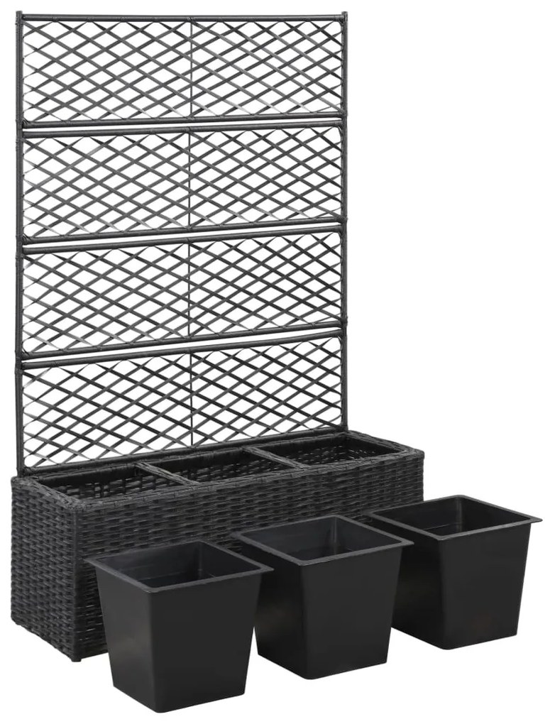 Fekete rácsos polyrattan magaságyás 3 kaspóval 83 x 30 x 130 cm