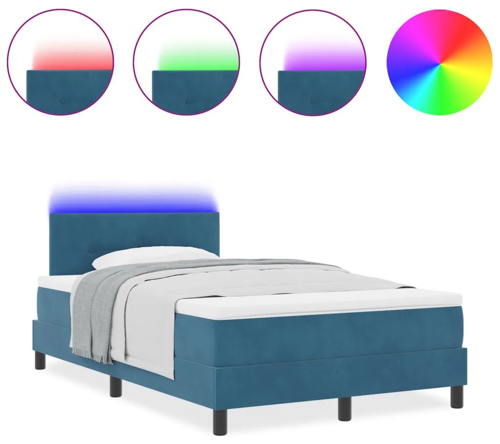 Boxspring Ágy Matraccal &amp; LED Sötétkék 120x190 cm Bársony