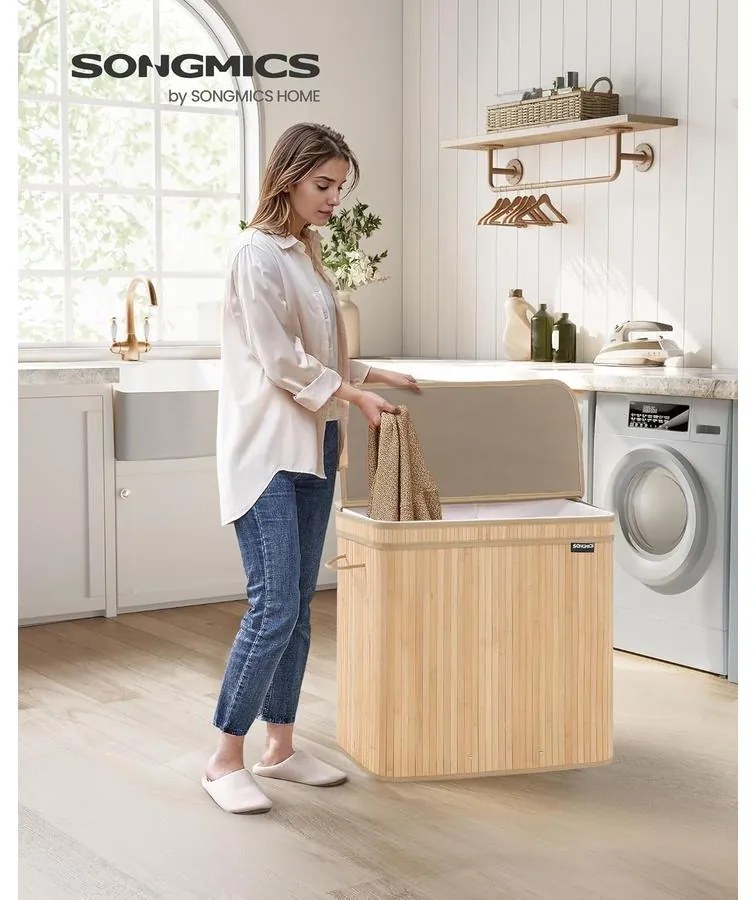 Fedeles szennyeskosár, bambusz ruháskosár 150 L, természetes bézs színben
