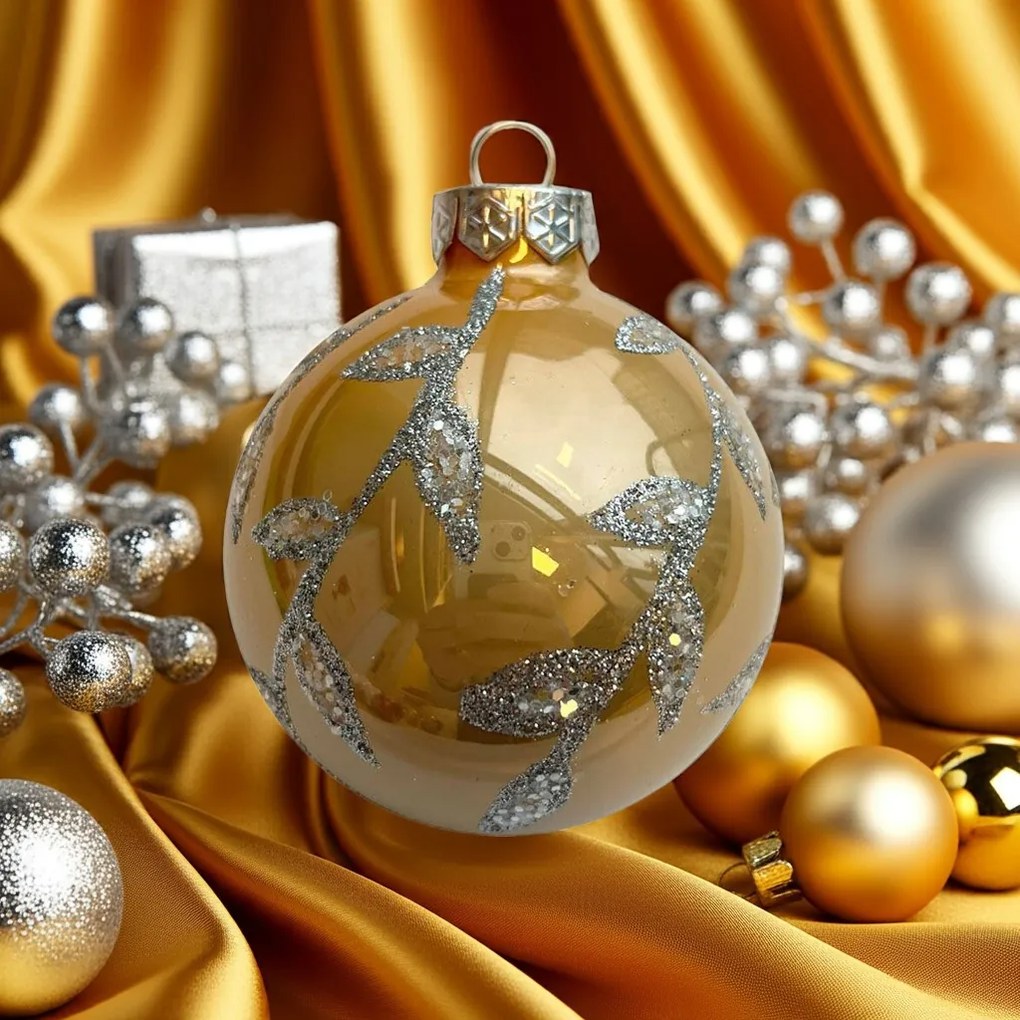 Leaf silver pezsgőszínű kézzel festett üveg karácsonyi gömb szett 6*7cm