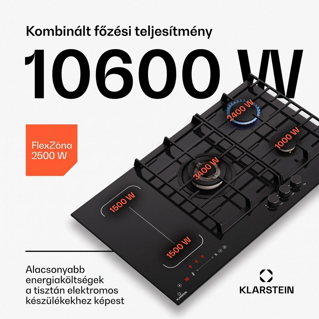 Klarstein MultiChef 5, indukciós és gáz tűzhely, 5 főzőzóna, 3 gázégő, 2 indukciós főzőlap, FlexZone