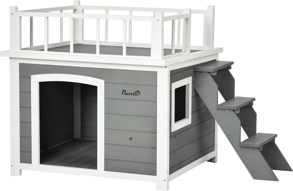 PawHut Kutyaház Erkélyes, Emelt Állású Kutyaház Lépcsővel, Ablakkal, Kiskutya és Nagykutya Barlang, Fenyőfából, Világosszürke, 121 x 77 x 78 cm | Aoso