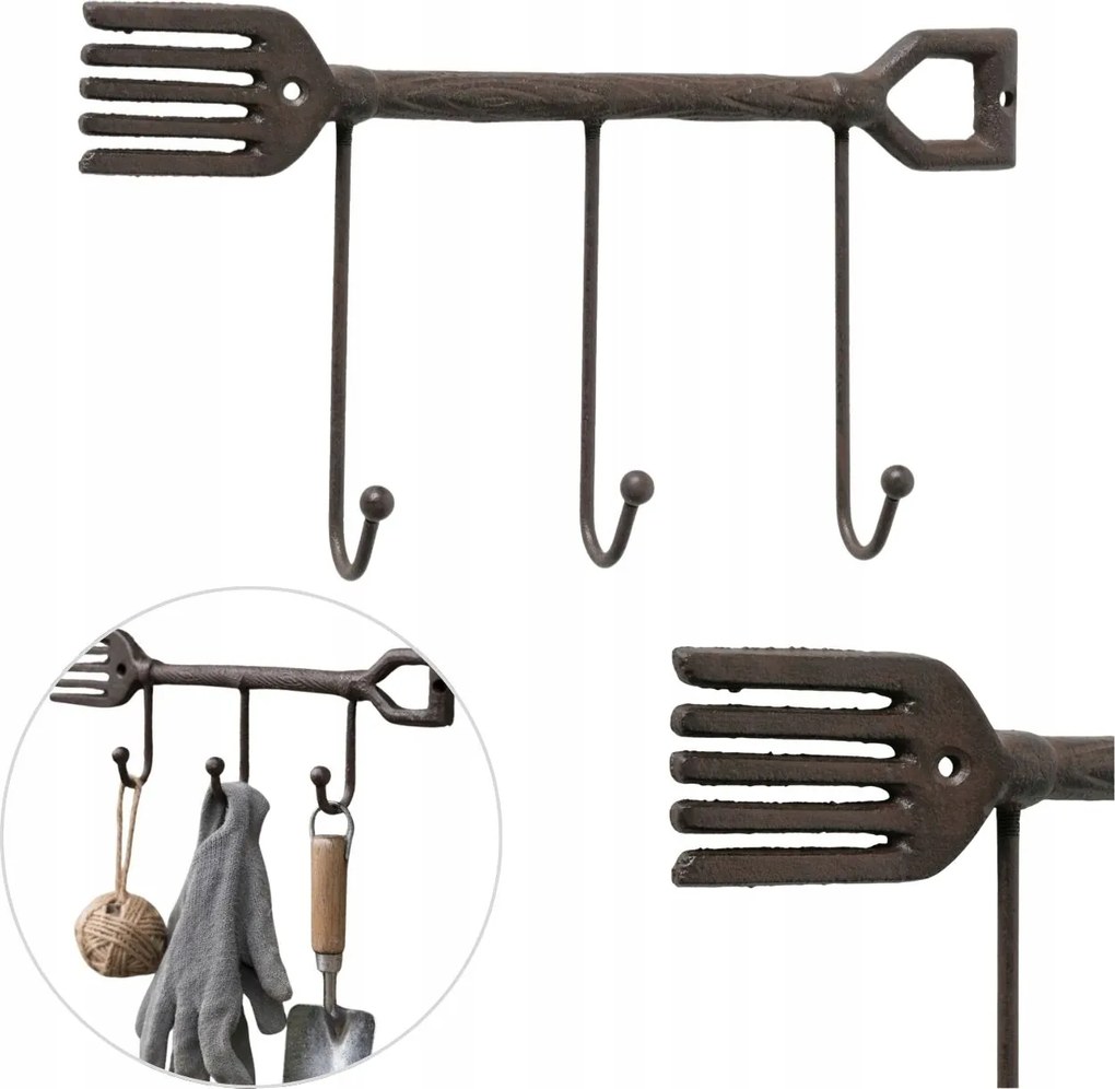 Öntöttvas fali akasztó 3 akasztós rusztikus 28 cm kerti szerszámtartó