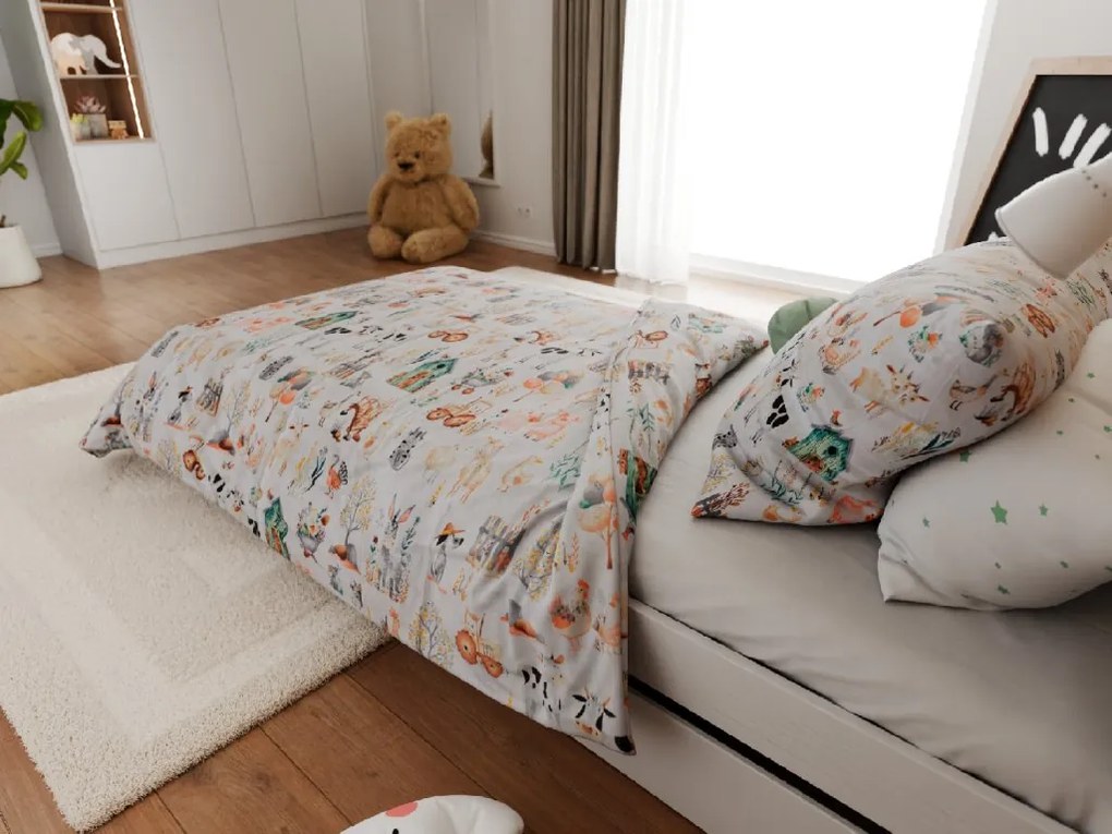 Pamut ágynemű bölcsőhöz HAPPY FARM fehér Ágyneműhuzat mérete: 45 x 65 cm | 90 x 135 cm