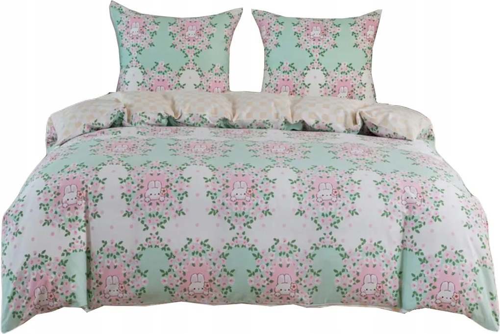 Szatén ágyneműhuzat 160x200 menta krém sárgabarack virág nyuszi sakktábla