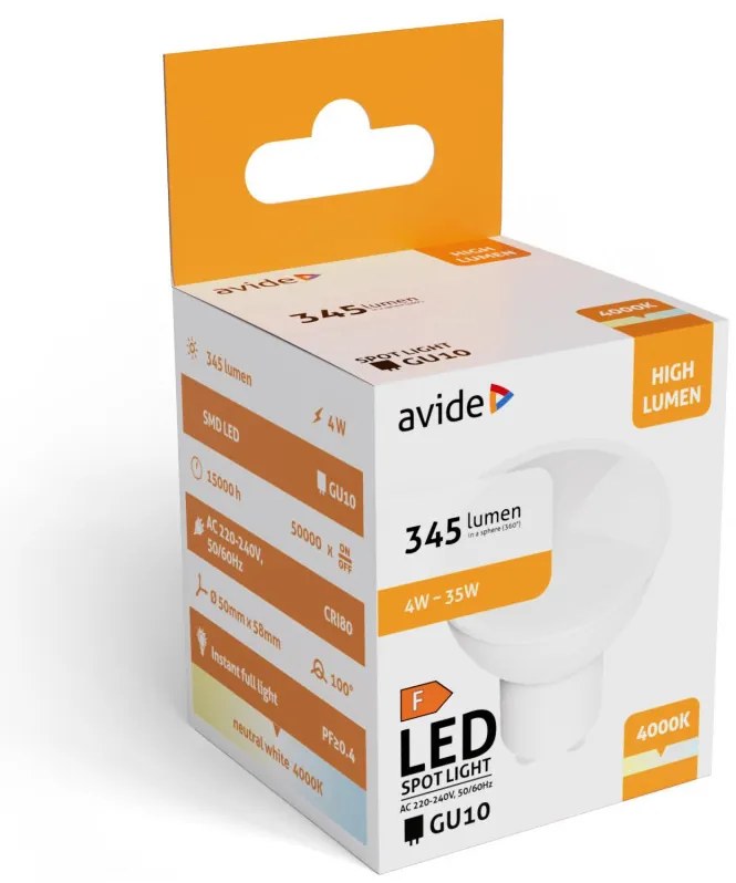 Avide LED Spot Alu+plastic 4W GU10 345LM NW 4000K