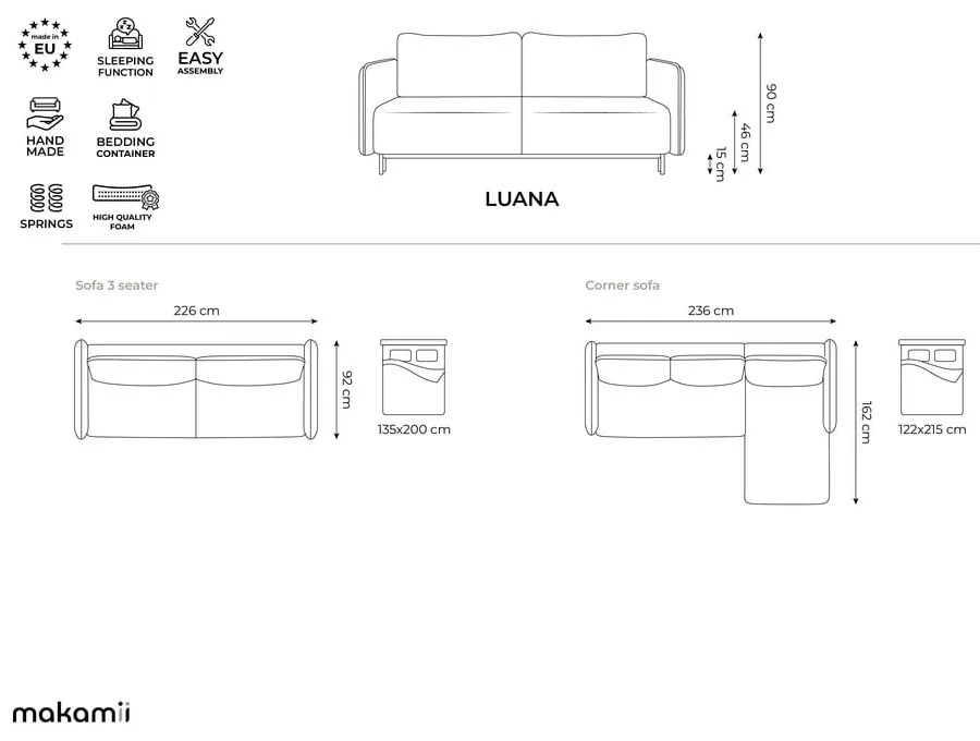 Zöld kinyitható-tárolóhelyes sarokkanapé (jobb oldali) Luana – Makamii