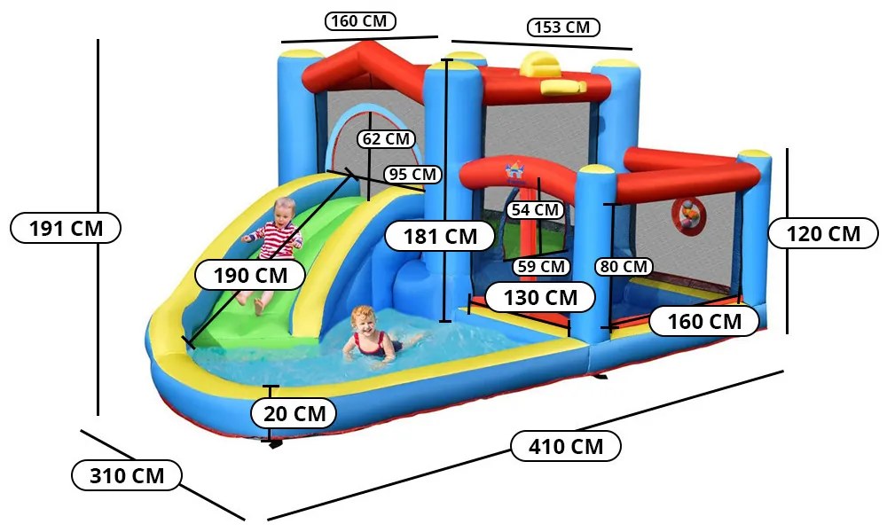 Felfújható vízipark csúszdával, trambulinnal, medencével