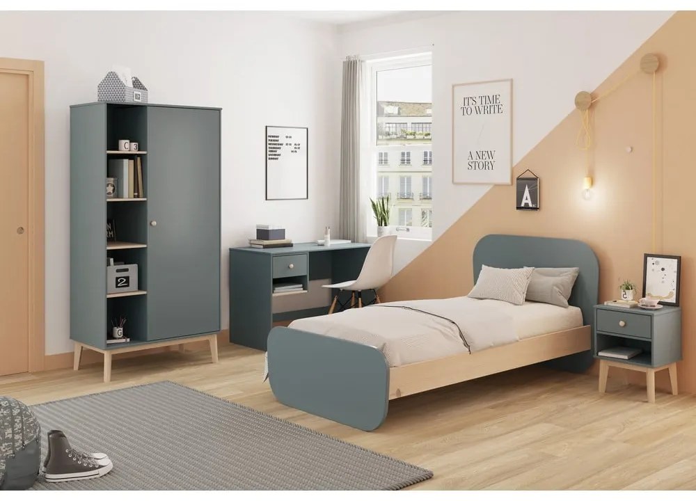 Szürkészöld gyerekágy ágyráccsal, borovi fenyő dekorral 90x190 cm Esteban – Marckeric